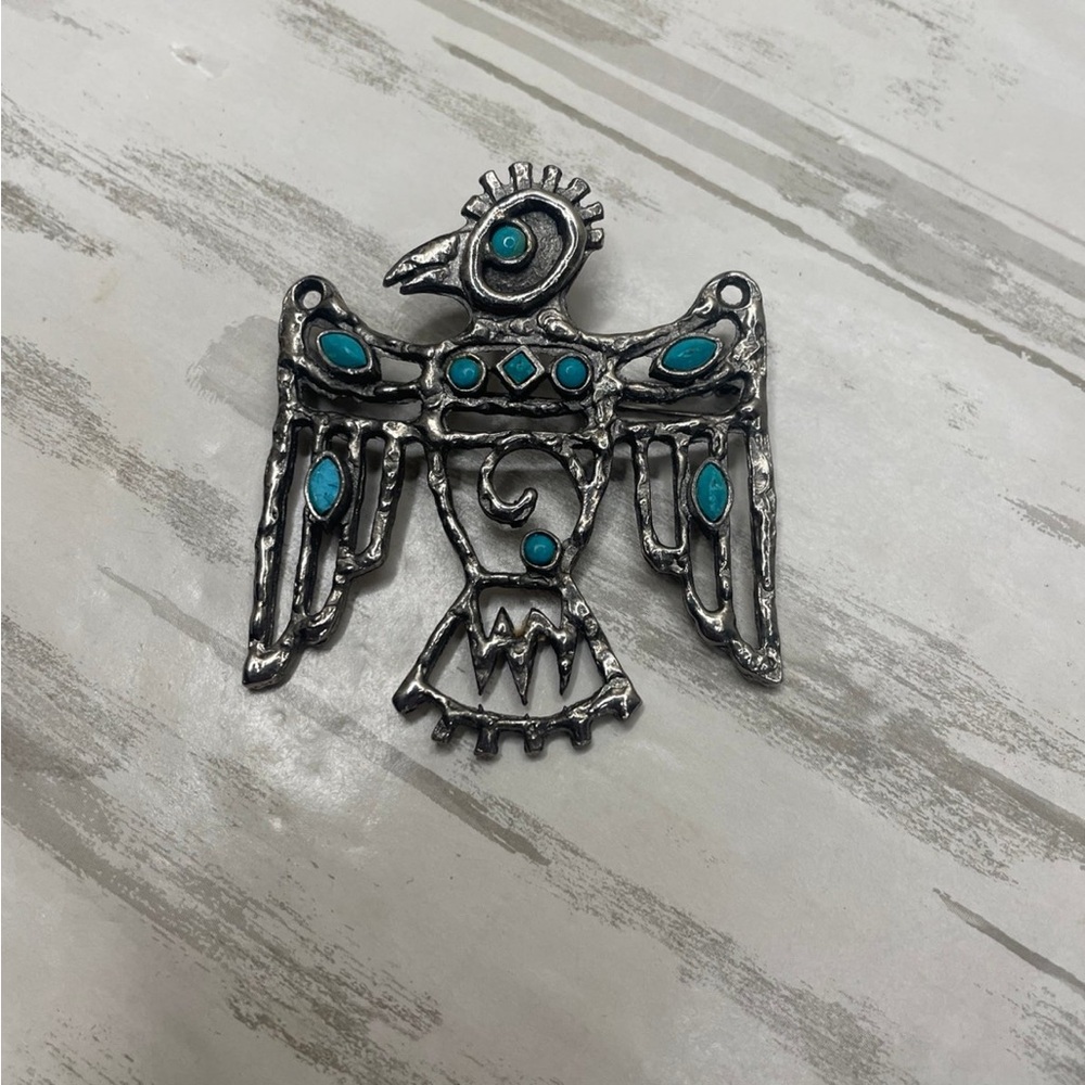 Vtg St Labre Art Southwestern Thunderbird Brooch Pendant Silver Faux Turquoise